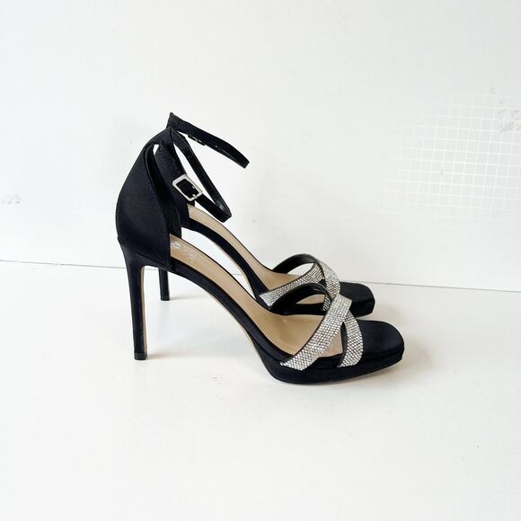 Vince Camuto Kalvira 2 Platform Heels Silver Rhinestone Black Satin Size 8 NWOB - Picture 10 of 15